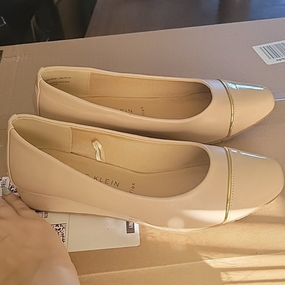 Anne Klein Nude Patent Toe Ballet Flats with Gold Trim